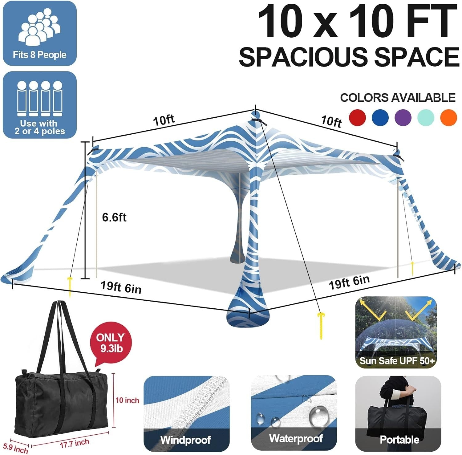 Durable 10x10ft Sun Shelter - Beach Canopy with Foldable Poles & Windproof Ropes