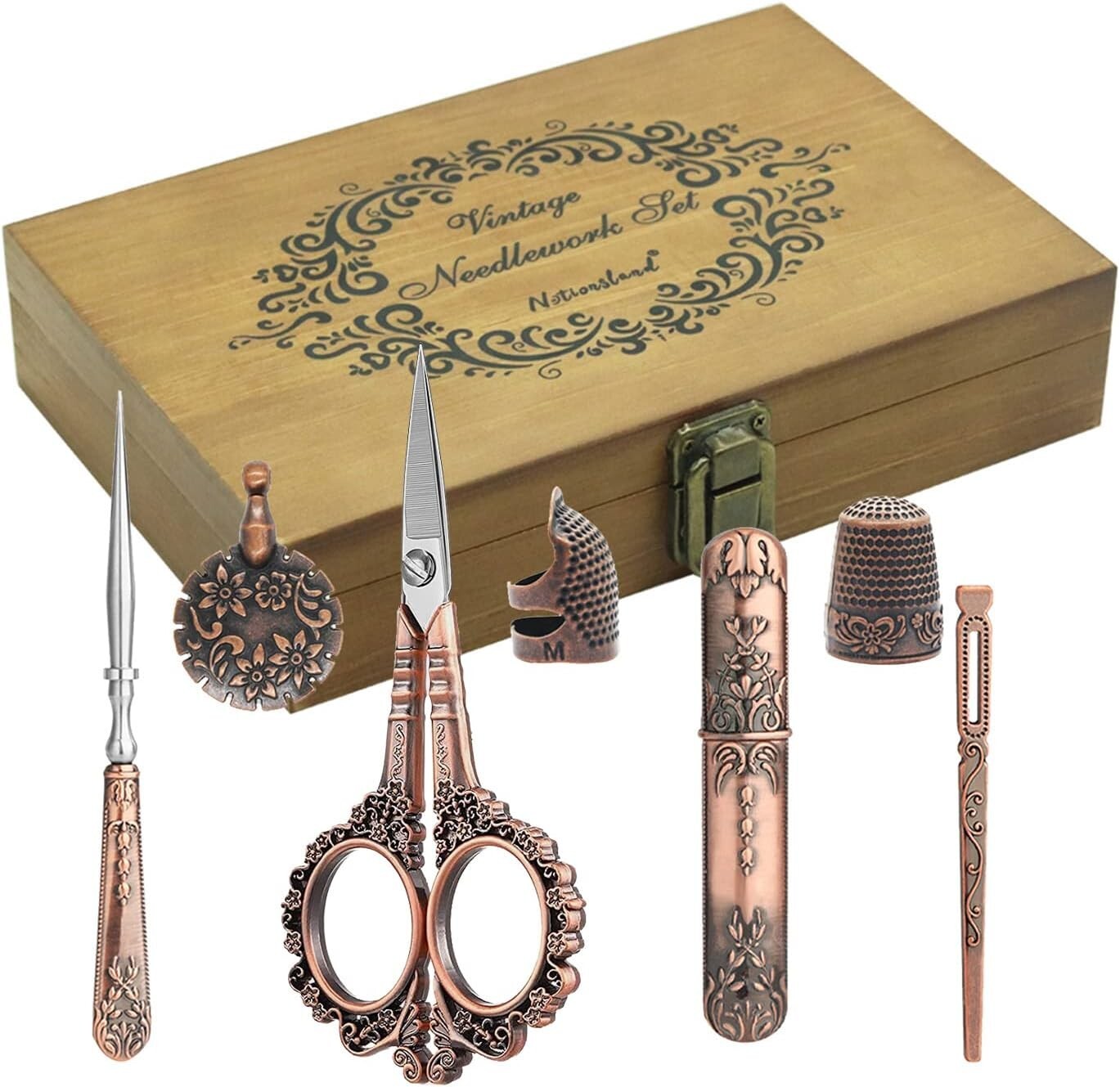 European Style Sewing Tools Set - Antique Scissors & Accessories in Wood Box