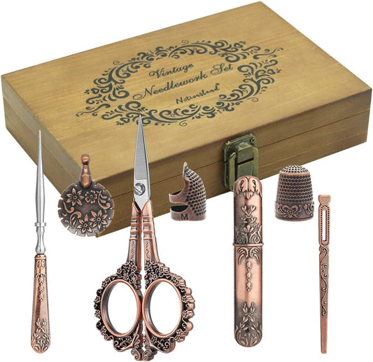 European Style Sewing Tools Set - Antique Scissors & Accessories in Wood Box
