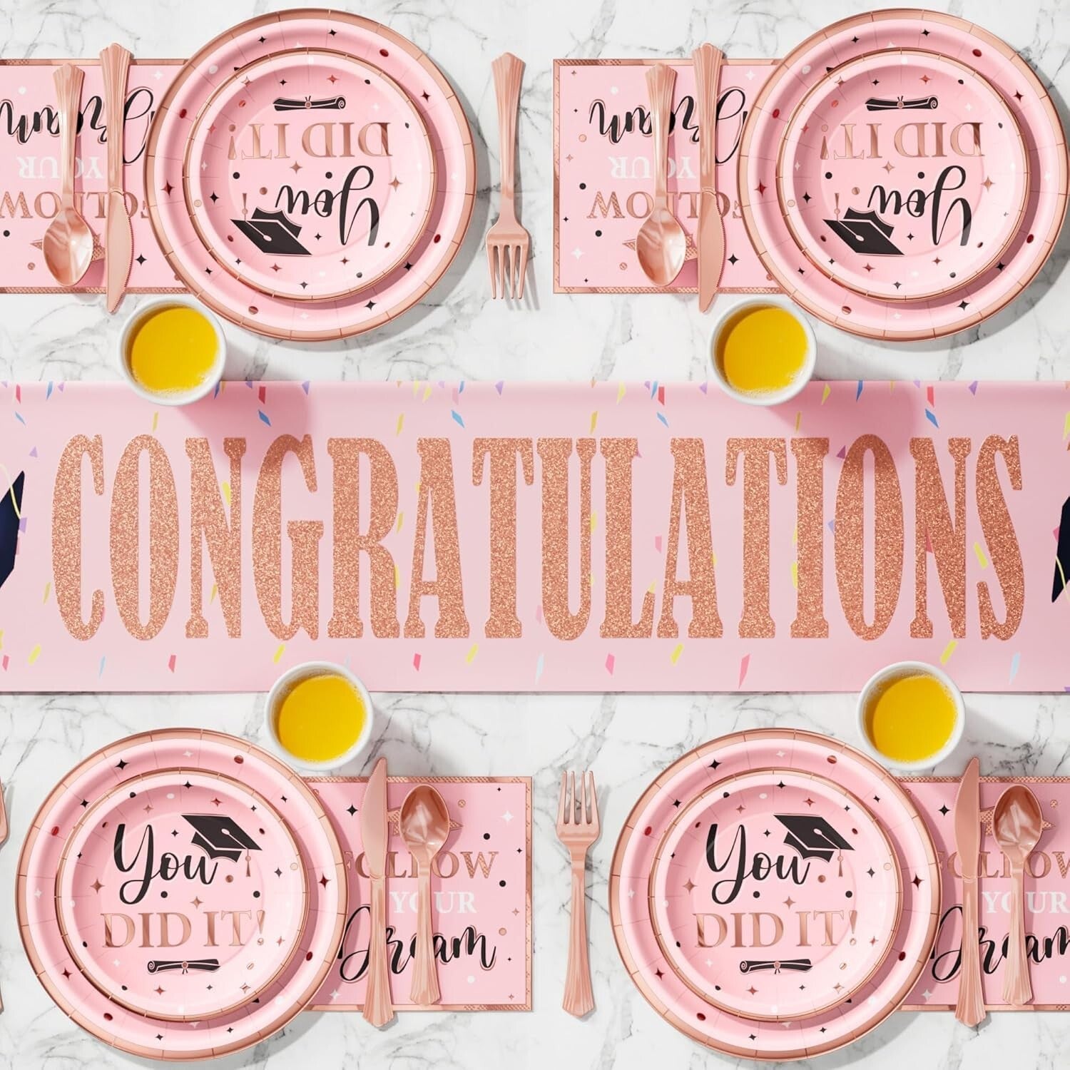 350 PCS Pink Graduation Supplies with Stylish Plates, Cups & Cutlery - Serves 50