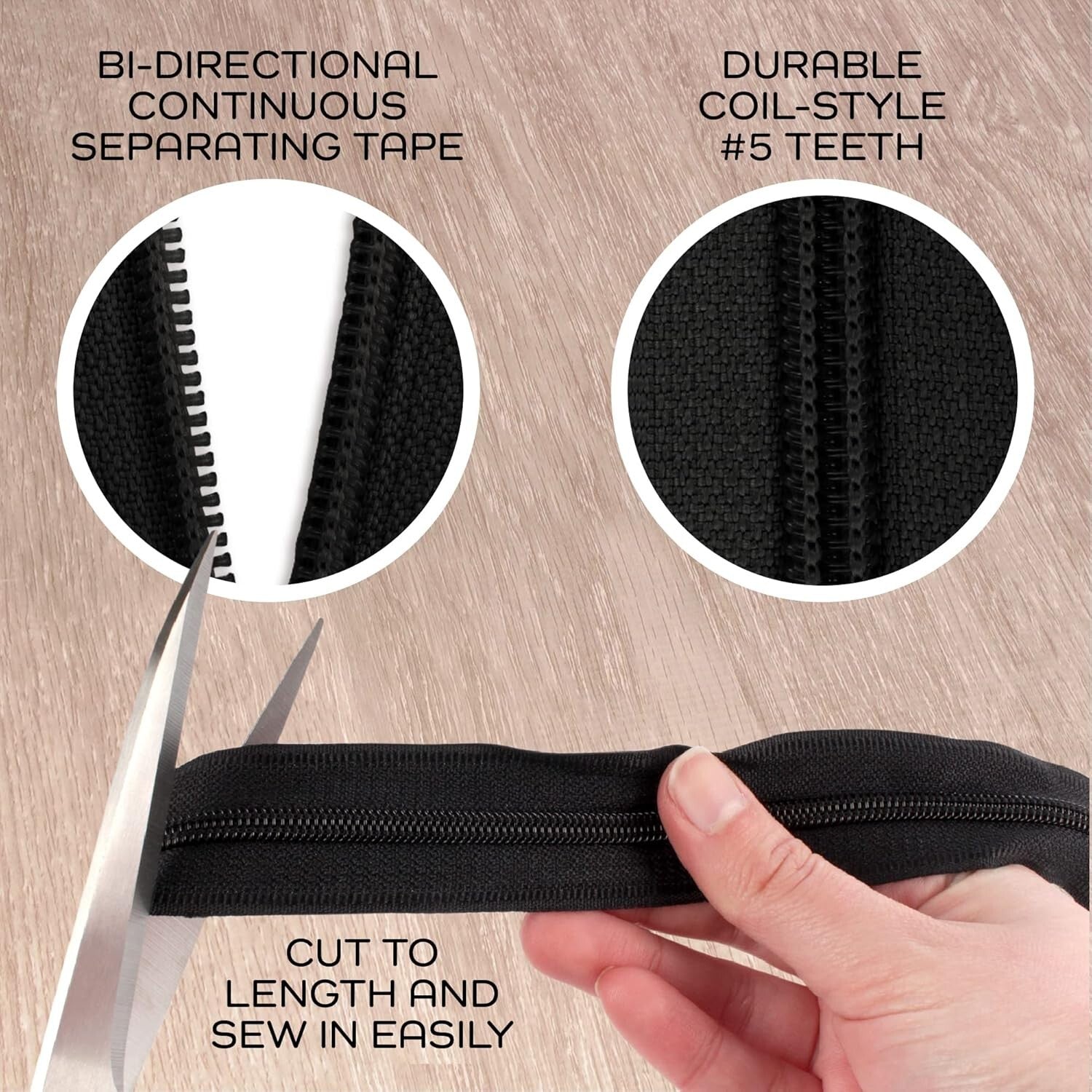 200 Yards Durable Black Nylon Zipper Tape with 200 Metal Pulls for DIY Projects