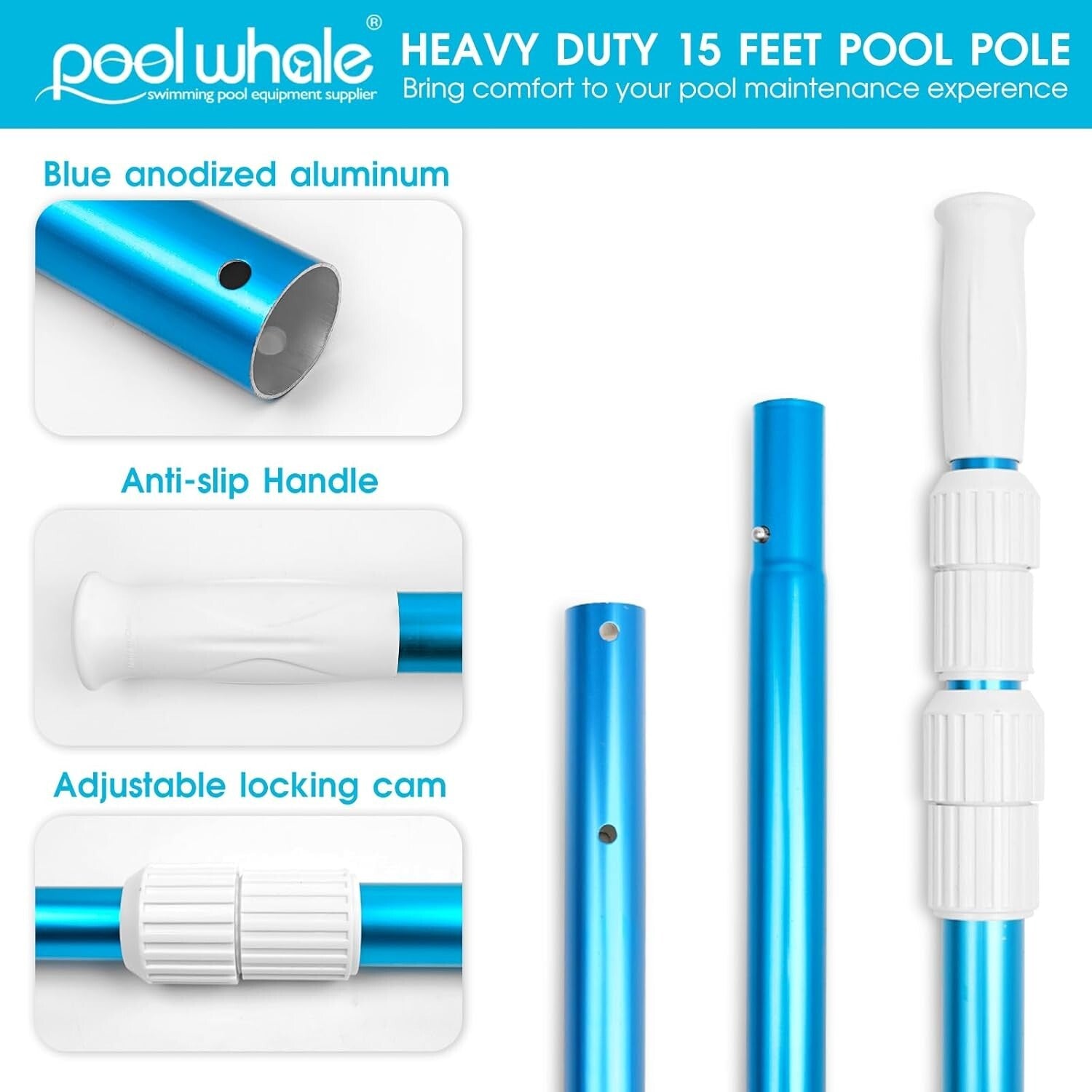 15ft Adjustable Telescopic Pool Pole - Heavy Duty Aluminum Cleaning Tool