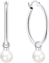 Load image into Gallery viewer, Stylish Hoop Earrings in Real 925 Silver with Simulated Pearl - Comfortable Fit