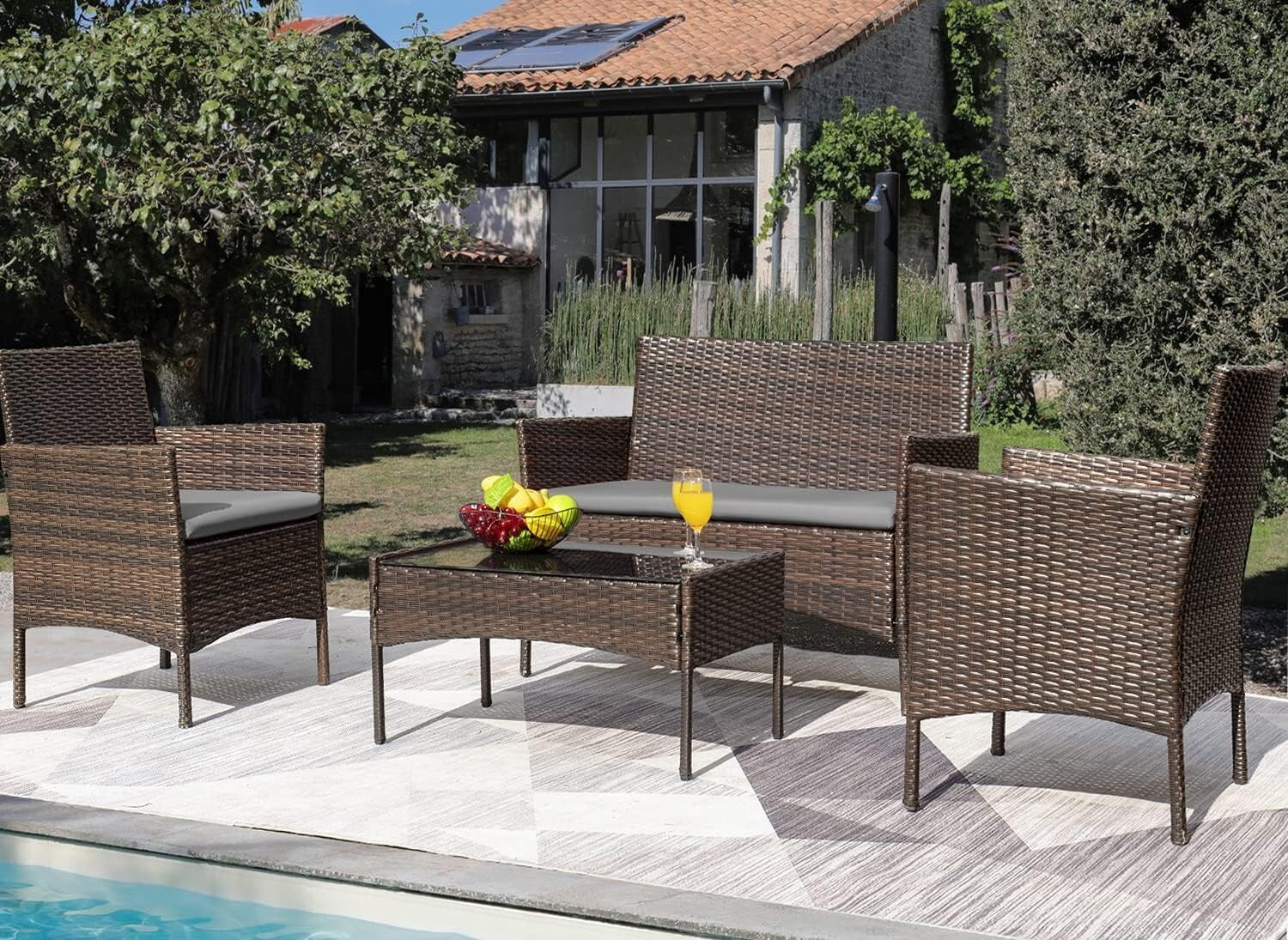 Durable Outdoor 4-Piece Wicker Set with Cushions & Chic Glass Table - Brown/Gray