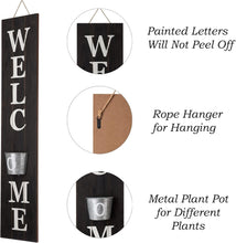 Load image into Gallery viewer, Elegant Vertical Farmhouse Welcome Sign with Black Hanging Planter Decoration