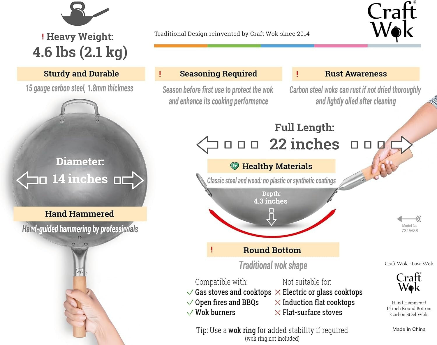 Professional 14-Inch Chinese Carbon Steel Wok with Heat-Resistant Helper Handle