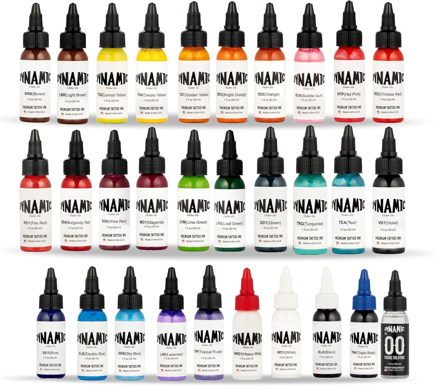 Dynamic 1oz Tattoo Ink Set of 30 Professional-Grade Colors for Tattoo Artists