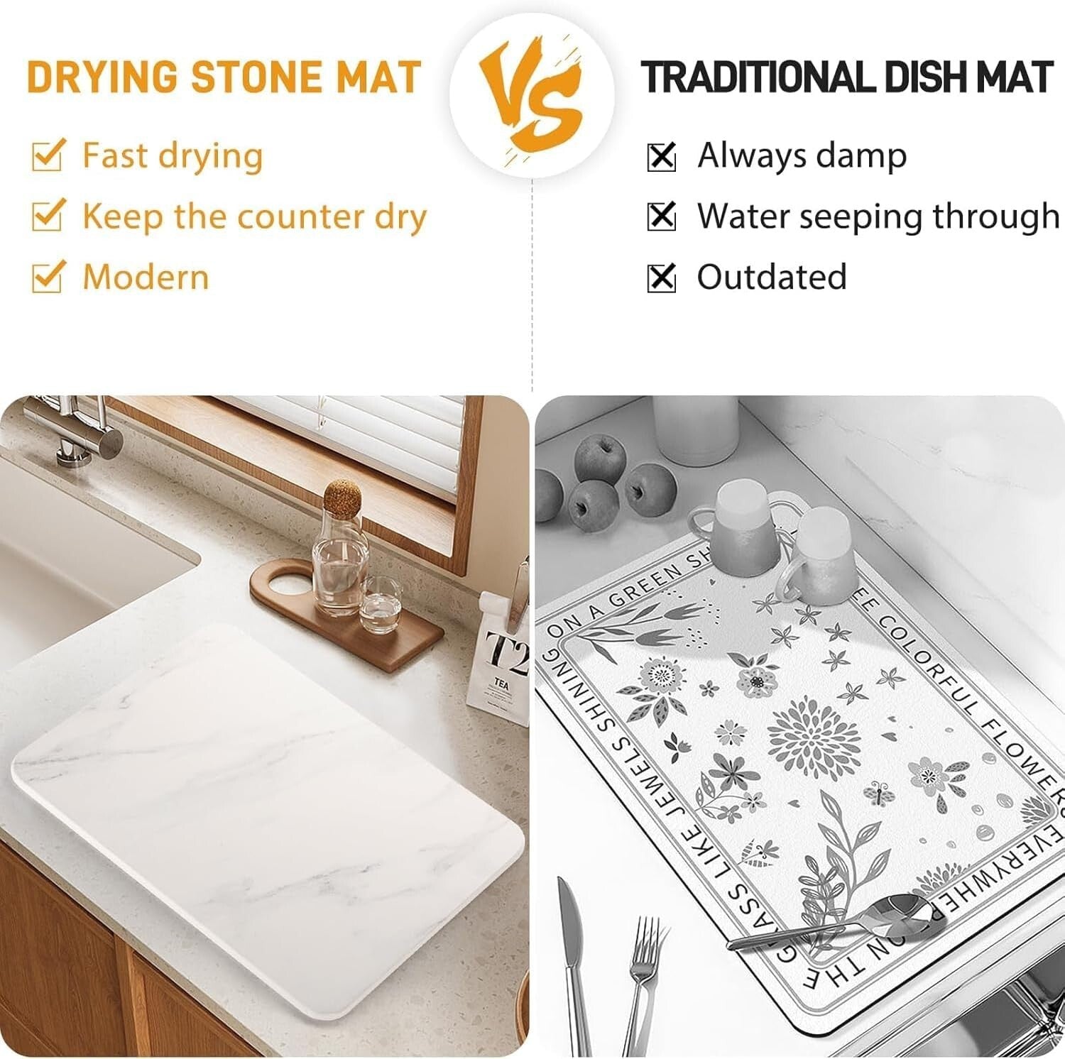 Heat Resistant Non-Slip Stone Drying Mat for Kitchen Counter, 15.7x23.8 Inches
