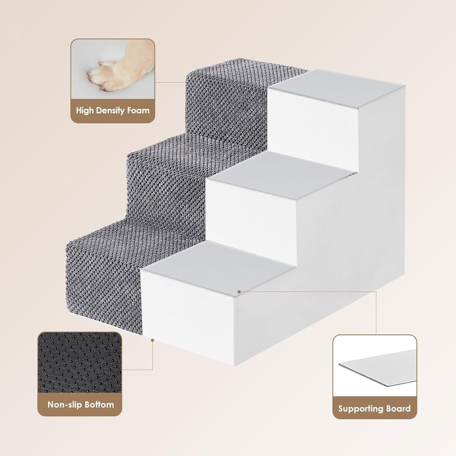 Foldable Dog Stairs Ramp for Small Pets - Non-Slip 3-Step Design in Grey