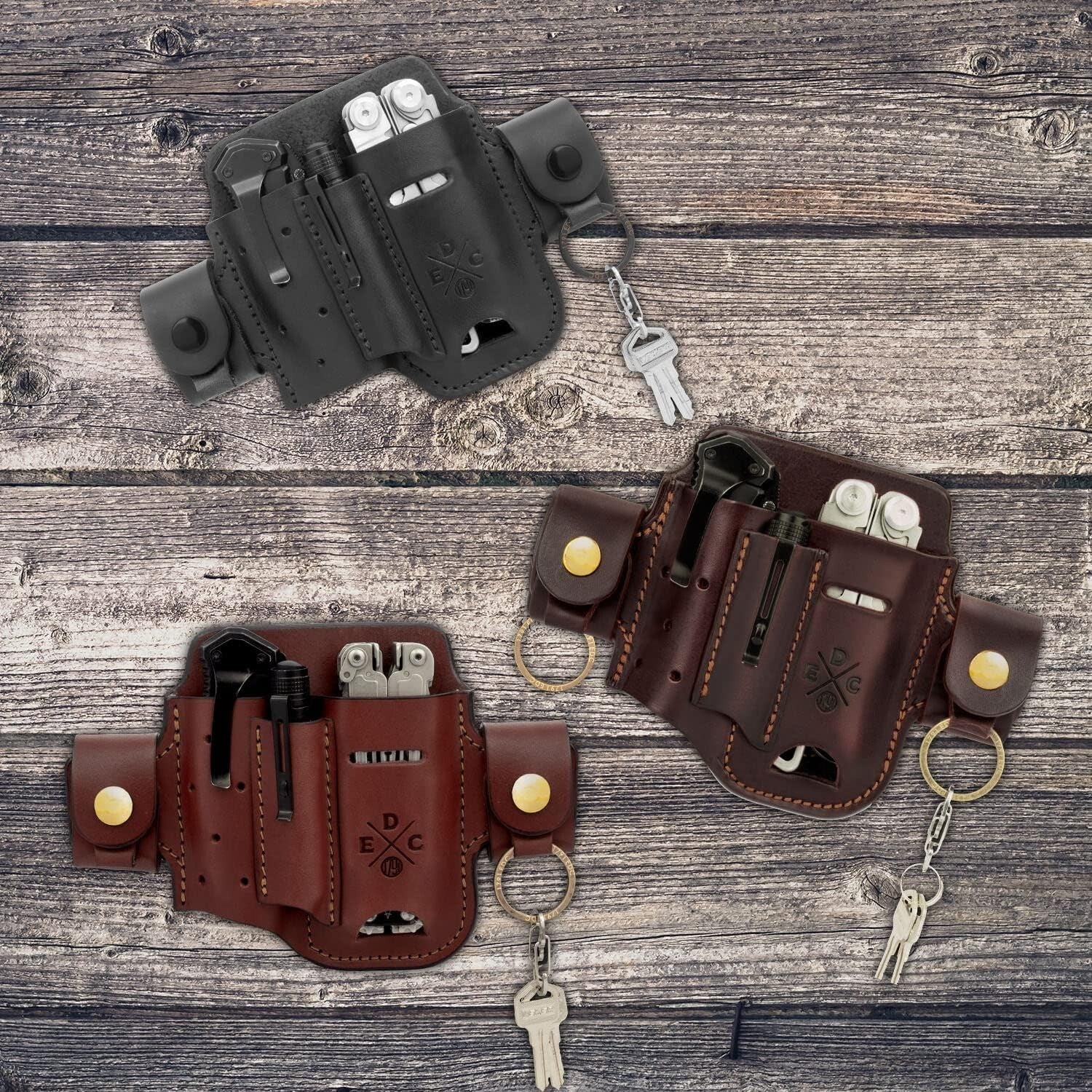 Chestnut Leather EDC Organizer - Two-Pocket Multitool Sheath for Easy Carry