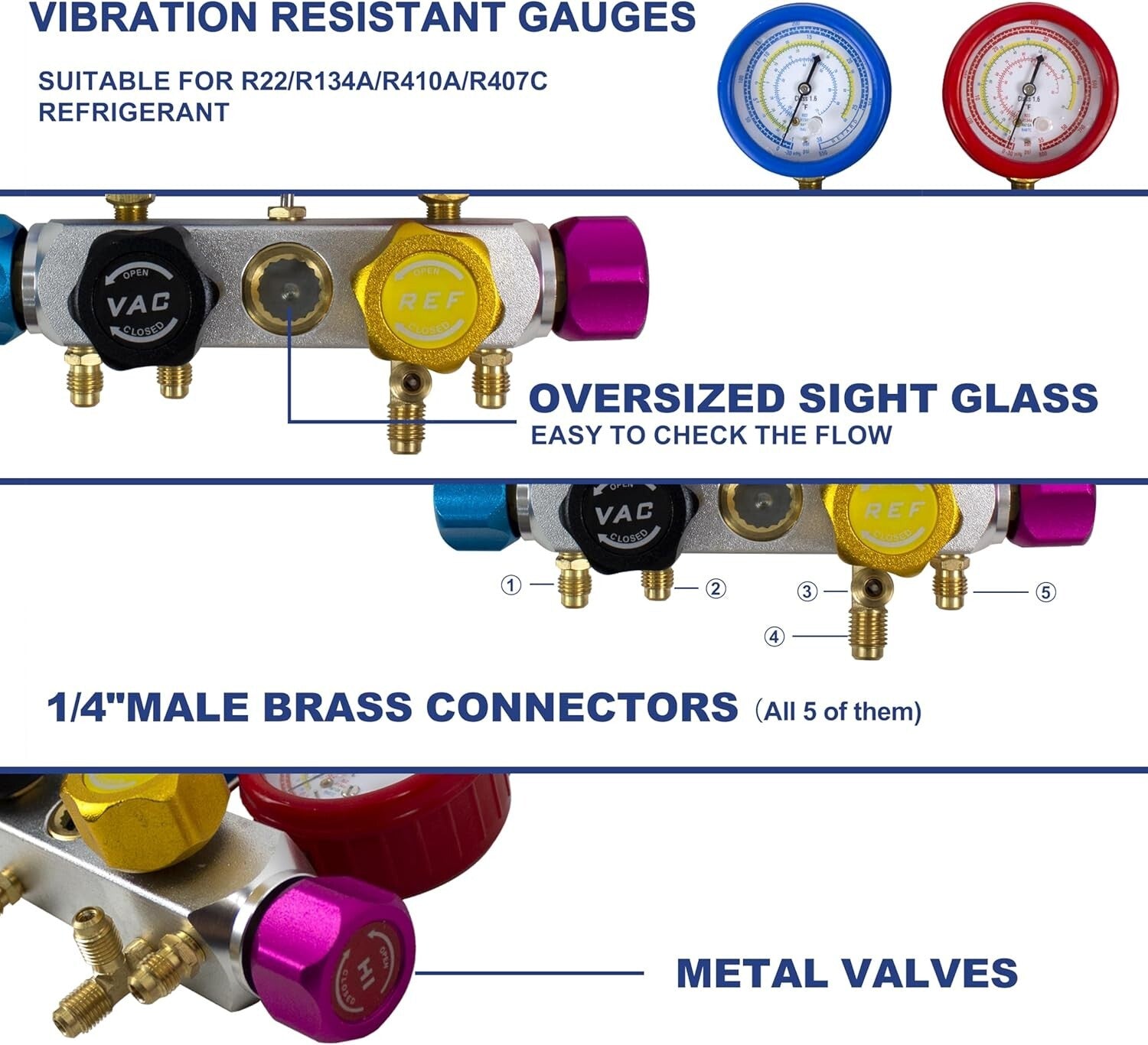 Heavy-Duty AC Manifold Gauge Set with Color-Coded Hoses - Quick Connection