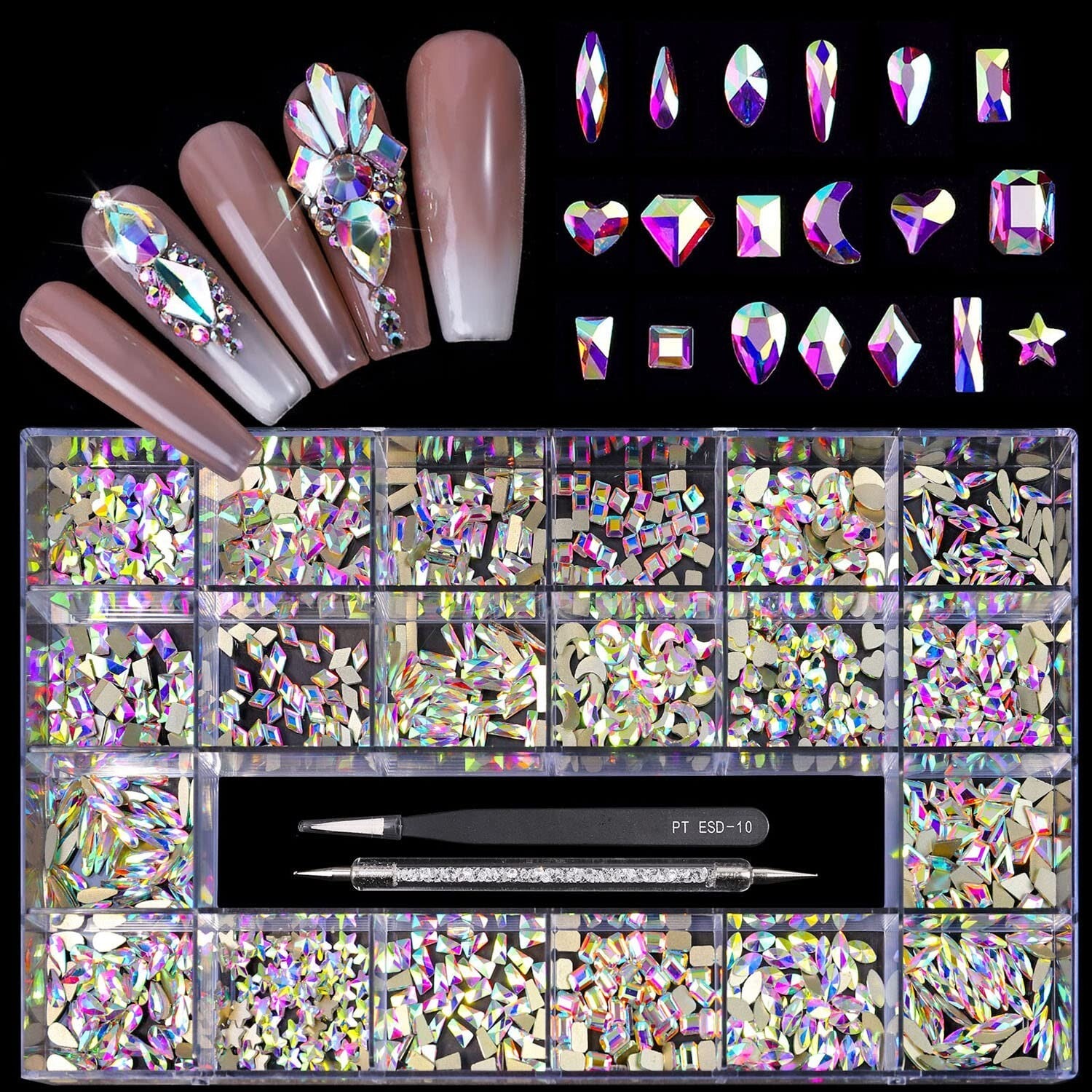 2000 Crystal AB Flatback Rhinestones Set: 20 Styles for DIY Art & Nail Decor