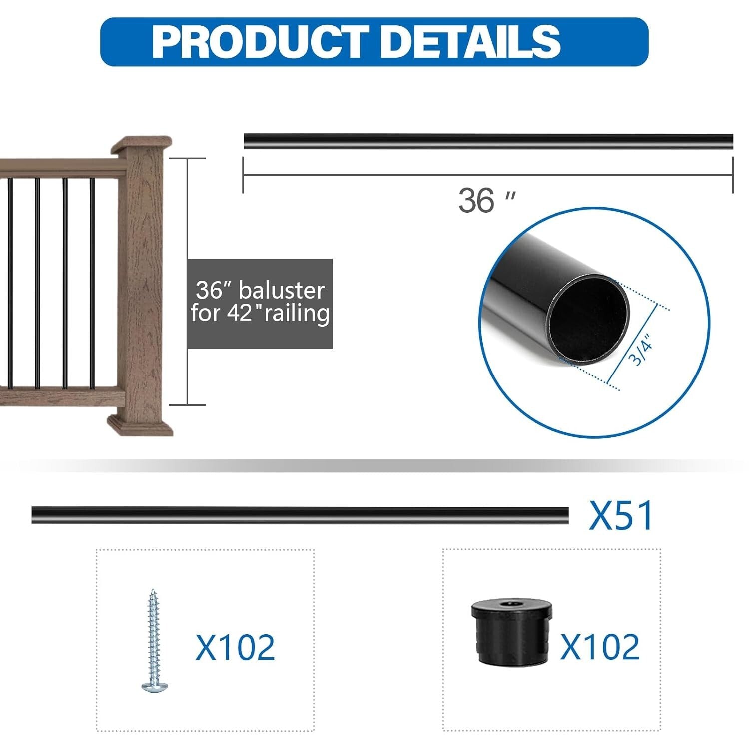 36" Black Aluminum Deck Railing Balusters - DIY Easy Assemble with Connectors