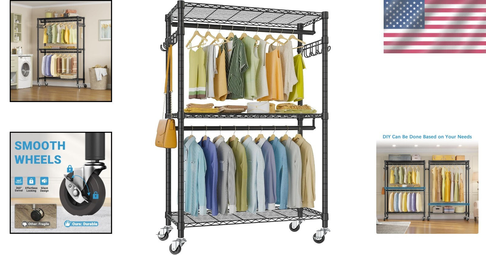 Freestanding Heavy-Duty Wire Shelving Clothes Rack with Load Capacity of 400 lbs