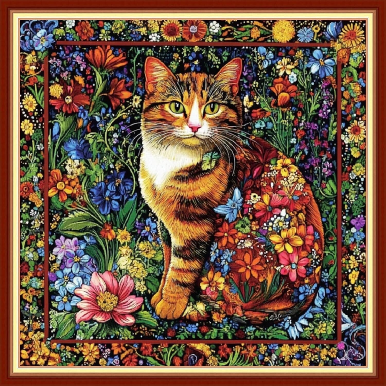 Beginners Colorful Flower Cat Cross Stitch Kit - Easy DIY Embroidery 18x18