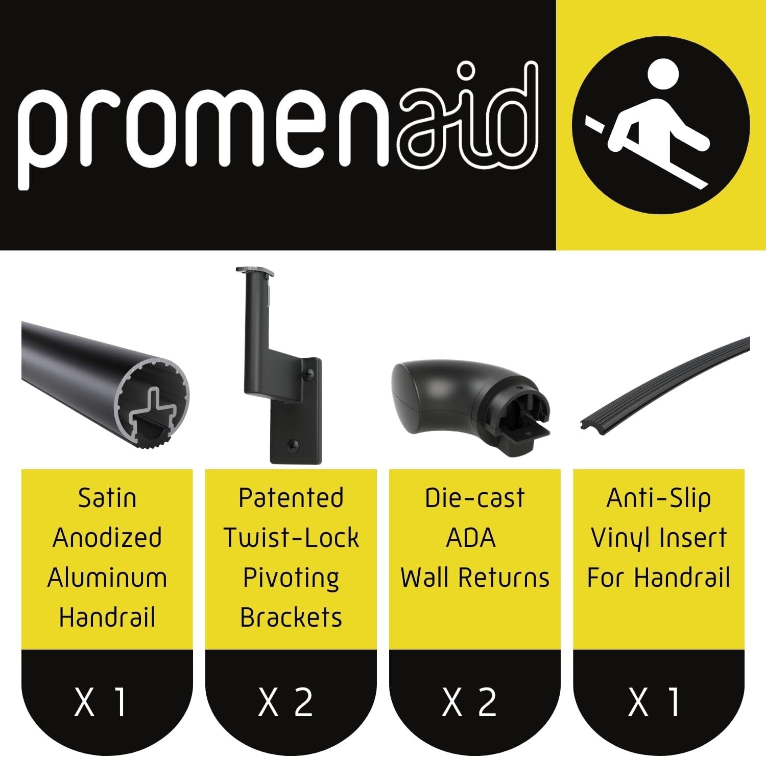 3ft Aluminum ADA Compliant Handrail Kit - Satin Black - Indoor/Outdoor Safety