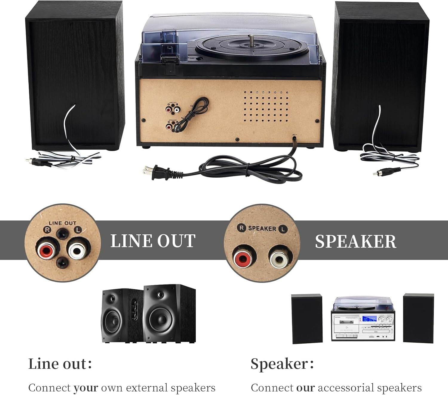 Compact Bluetooth Turntable & AM/FM Radio with External Speakers, USB/SD Options