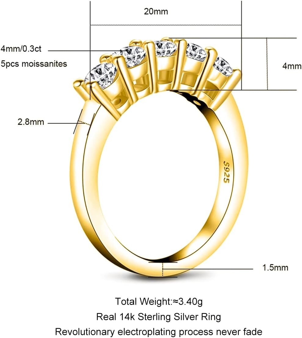 Exquisite 1.5cttw Moissanite Stackable Wedding Band in Yellow Gold Plated Silver