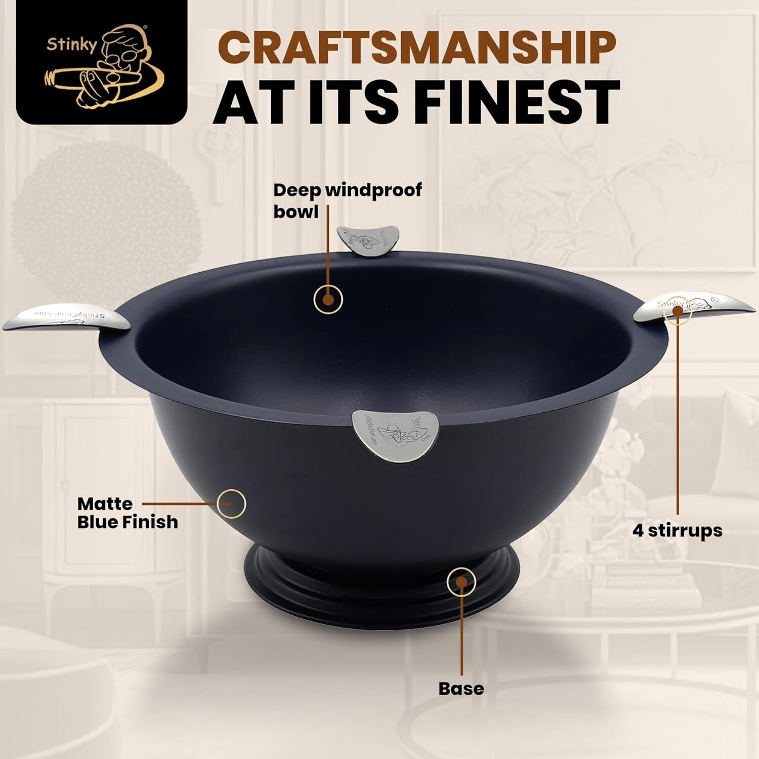 Cigar Lover's Choice: Large 8" Windproof Matte Blue Ashtray with Stirrup Support