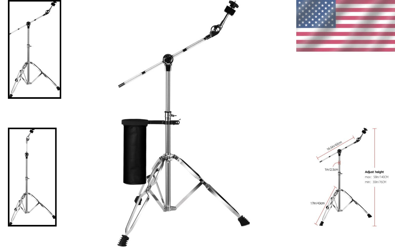 Adjustable T-Shape Cymbal Stand with Drum Sticks Holder - Boom & Straight Combo