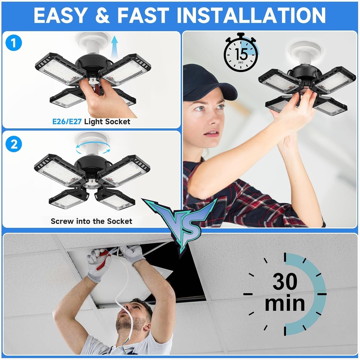 Energy-Saving 12000Lumen LED Garage Lights with Adjustable Deformable Panels