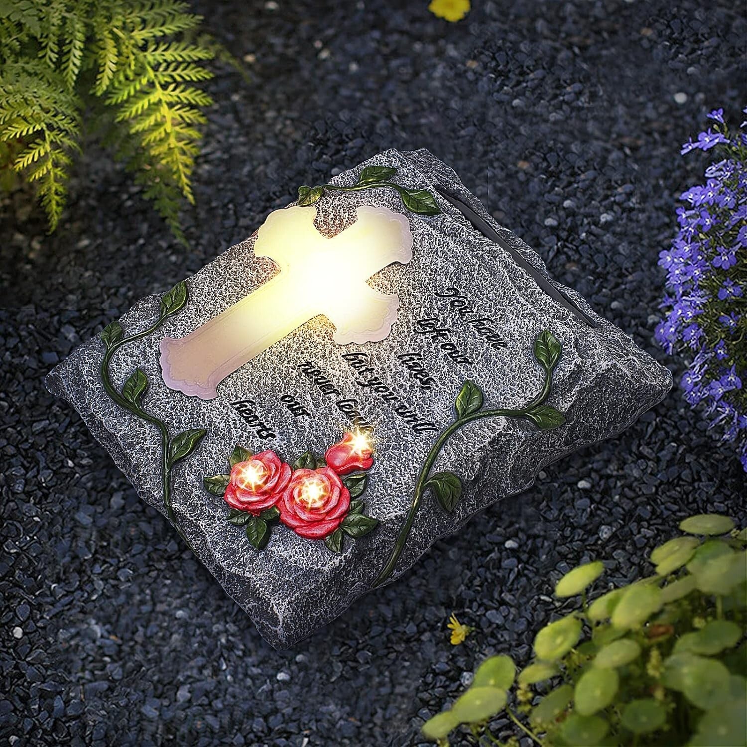 Elegant Solar-Powered Memorial Stepping Stone with Cross and Floral Carvings