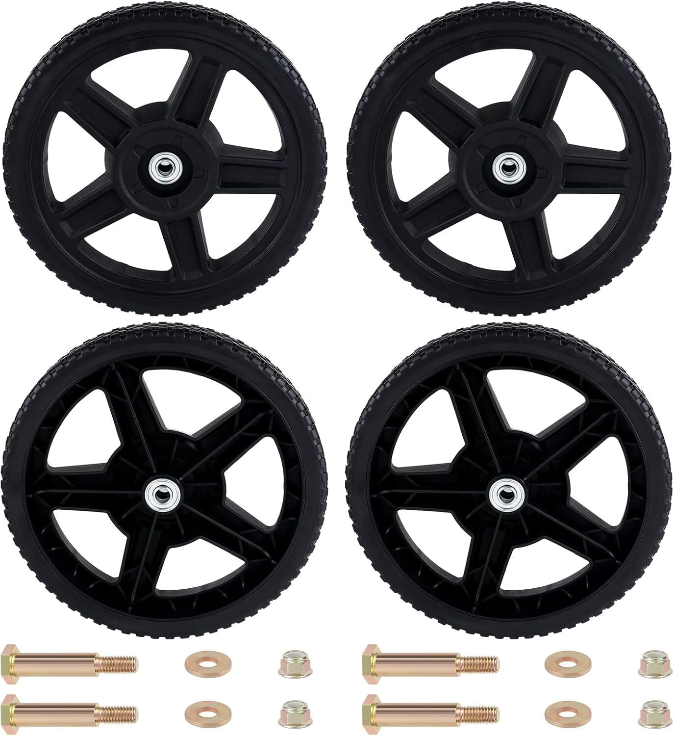 4 Pack 12-Inch Replacement Lawn Mower Wheels with Bolts & Lock Nuts - Easy Fit