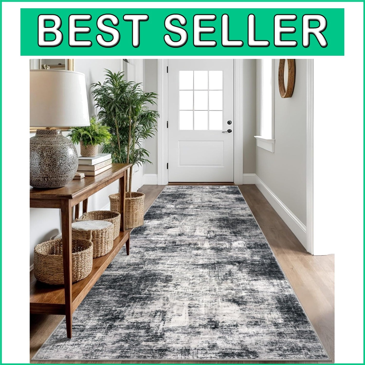 Elegant Black & Grey 3x10 Ft Indoor Runner Rug - Soft, Durable, Abstract Design