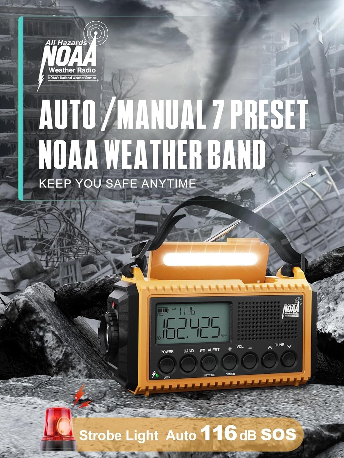 Weather Alert Radio with 18500mWh Battery, SOS Alarm & Dual Lighting Functions