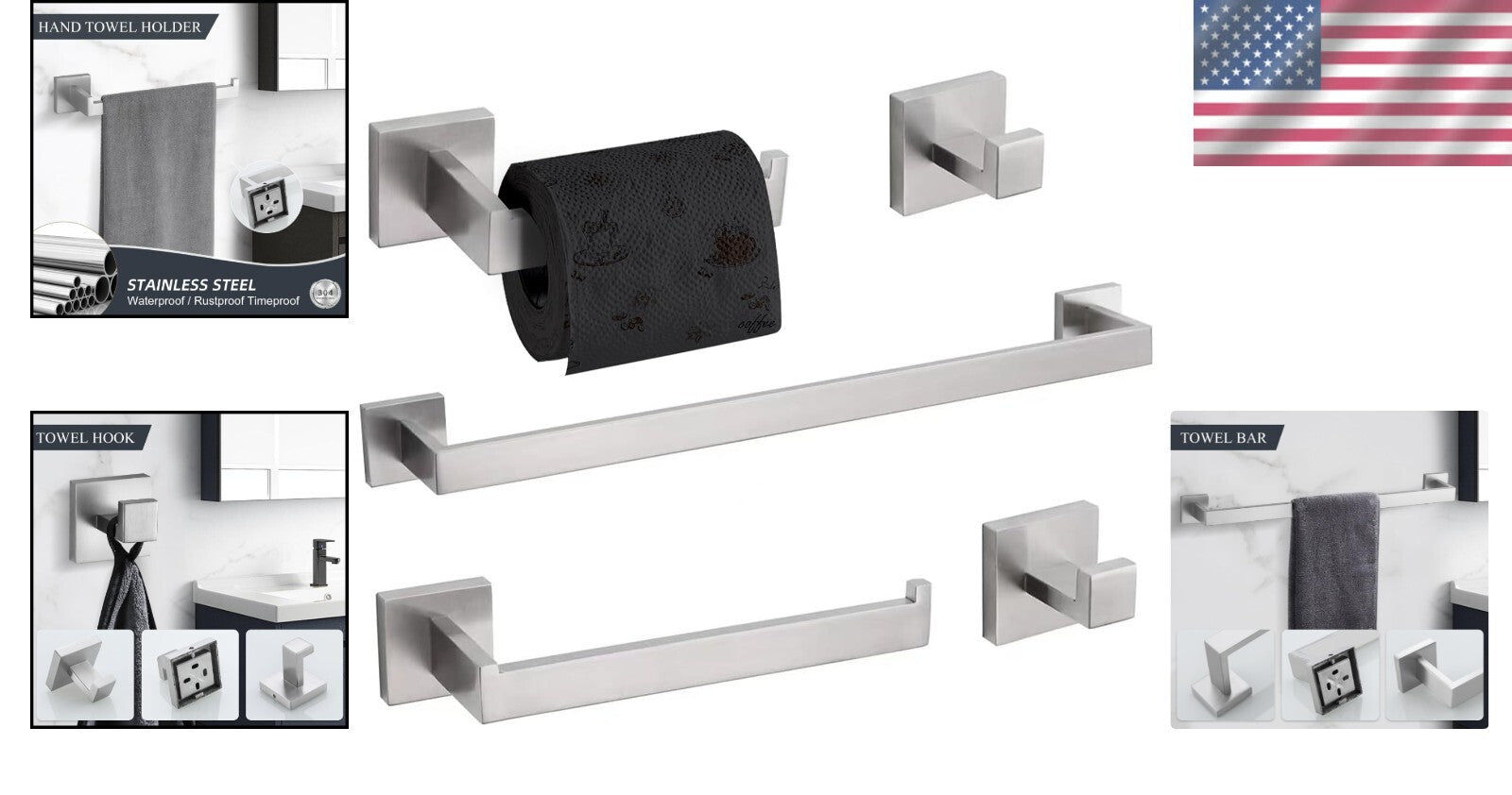 Premium SUS 304 Stainless Steel Bathroom Accessories Set 5-Piece - Easy Install