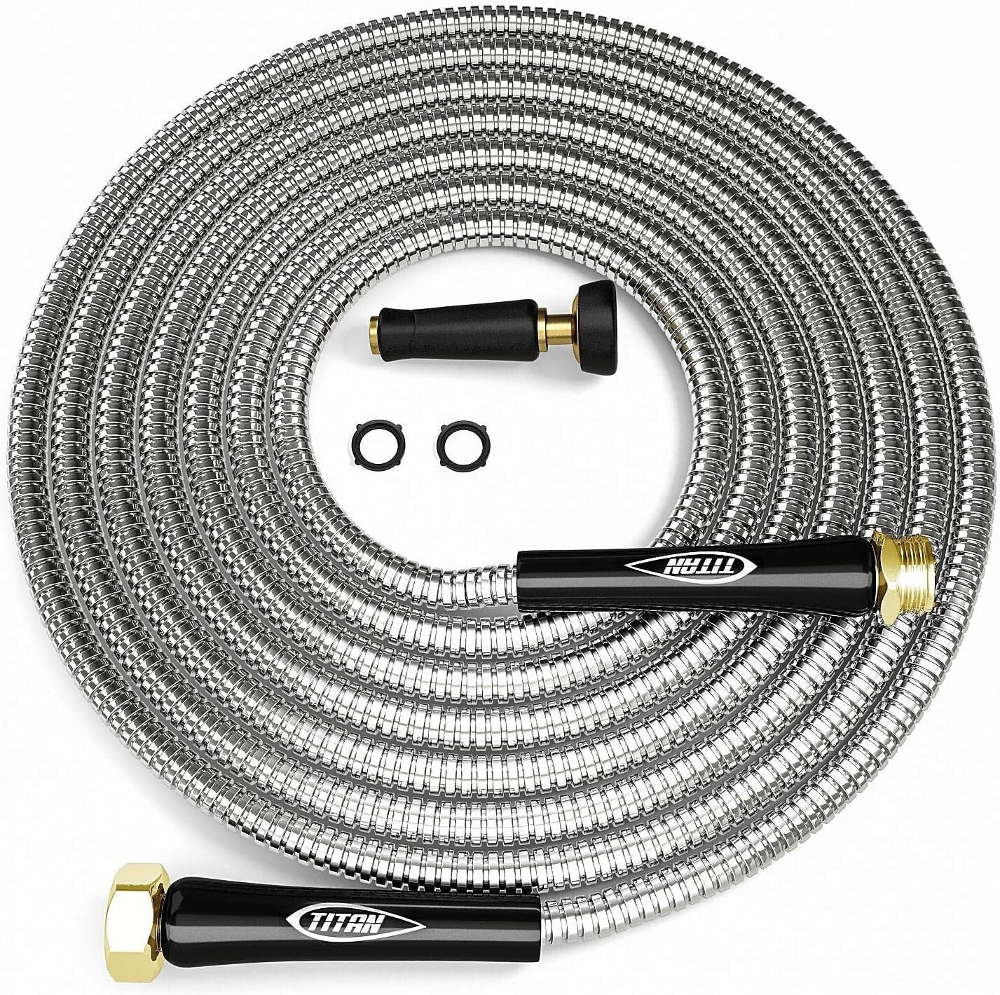 Durable 150FT Stainless Steel Garden Hose with Crush-Proof Fittings - 500 PSI