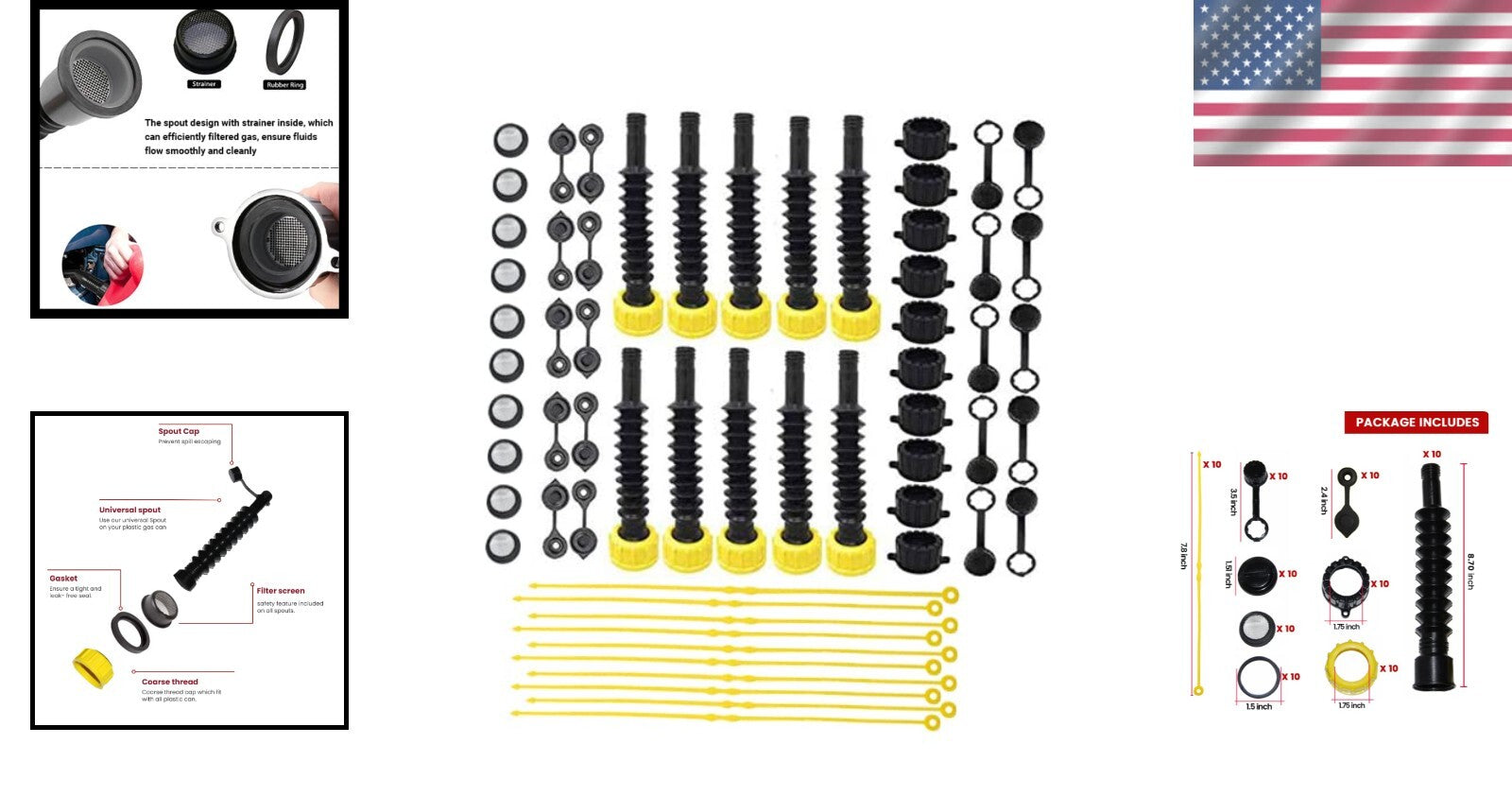 10-Pack Flexible Gas Can Spout Replacement Kit with Screw Collar Caps & Filter