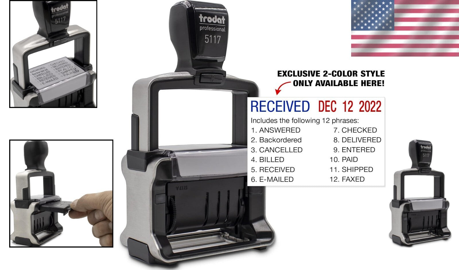 Durable 12-Message Professional Date Stamp with Built-In Ink Cover - 5117 Model