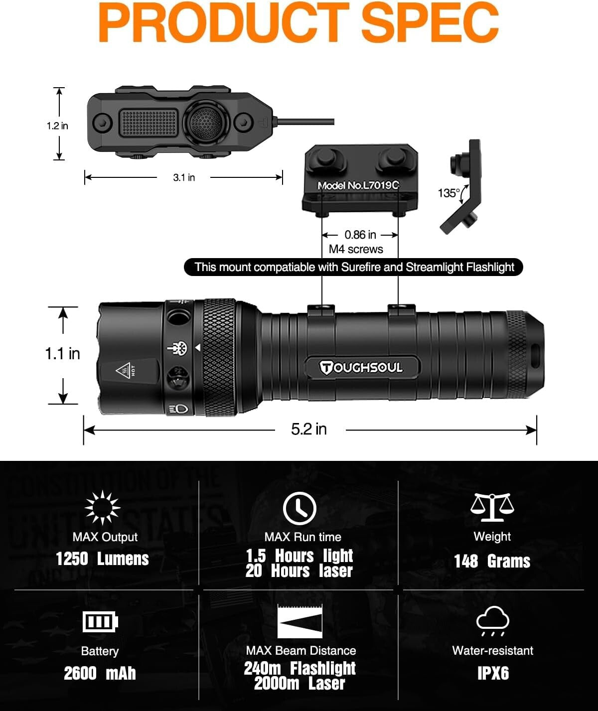 Mlok Tactical Flashlight 1250 Lumens - Rechargeable, Waterproof & Adjustable