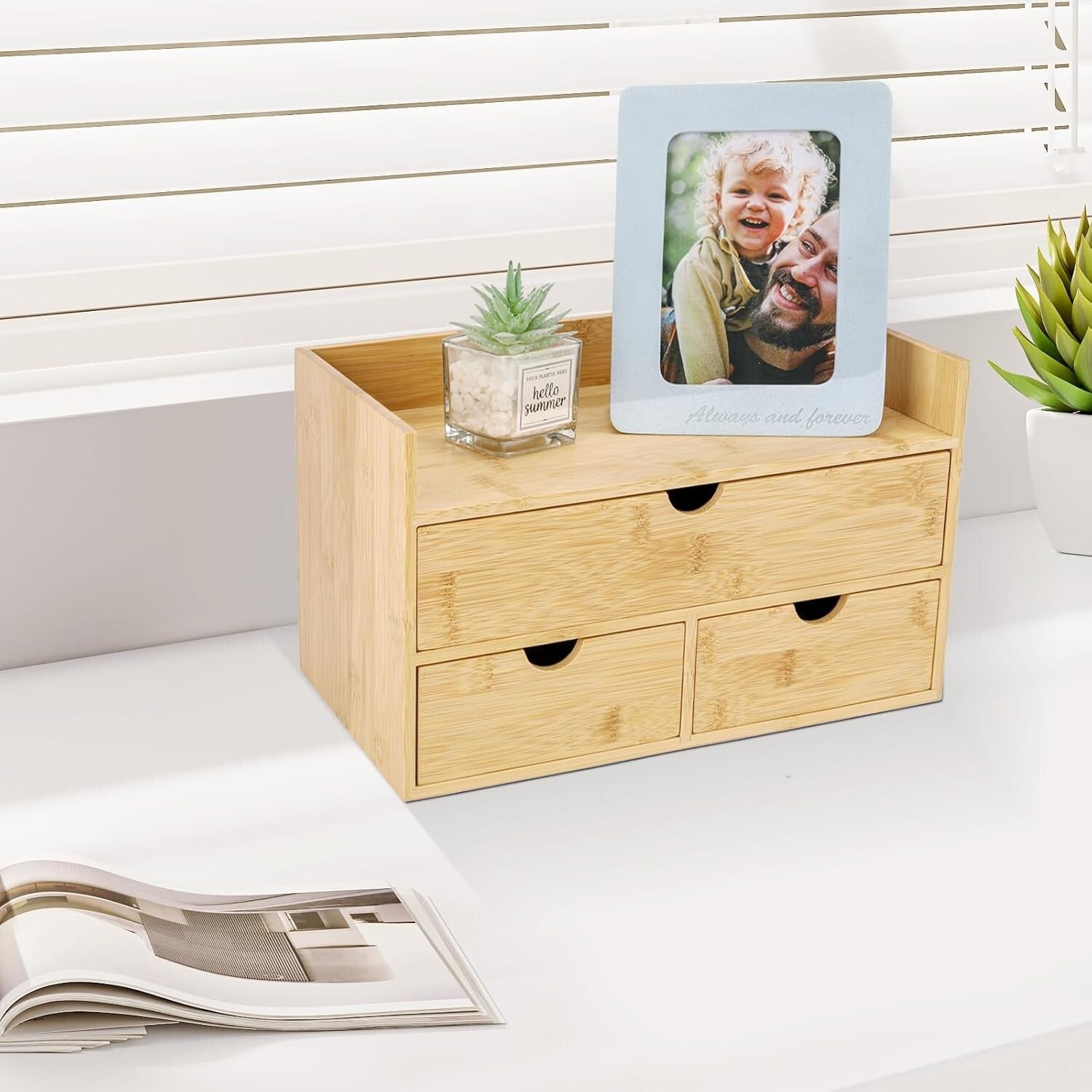 Elegant 3-Drawer Bamboo Desk Organizer with Shelf - Perfect for Makeup & Office