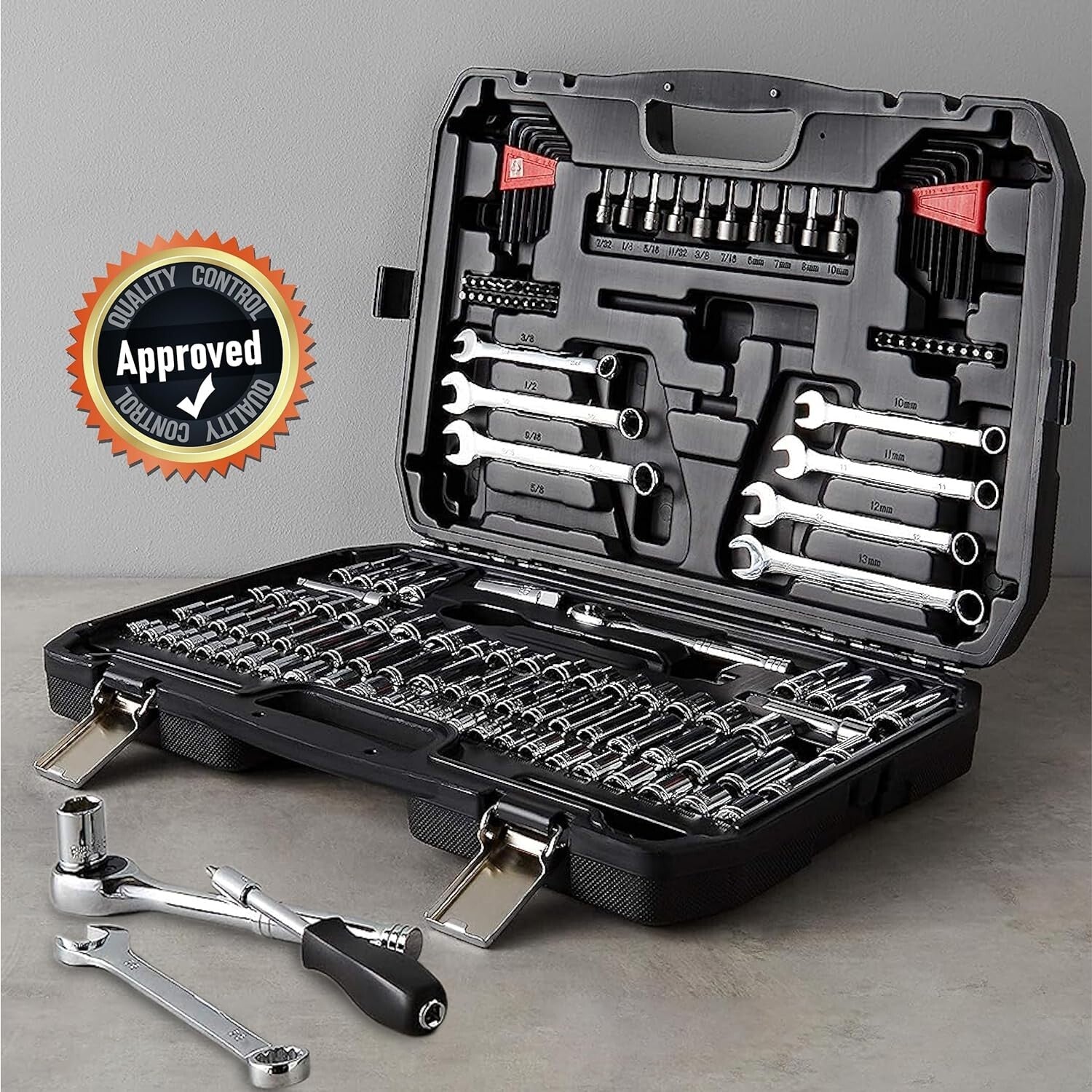 Durable SAE & Metric Mechanic Tool Set with Polished Chrome Finish - 145 Pieces