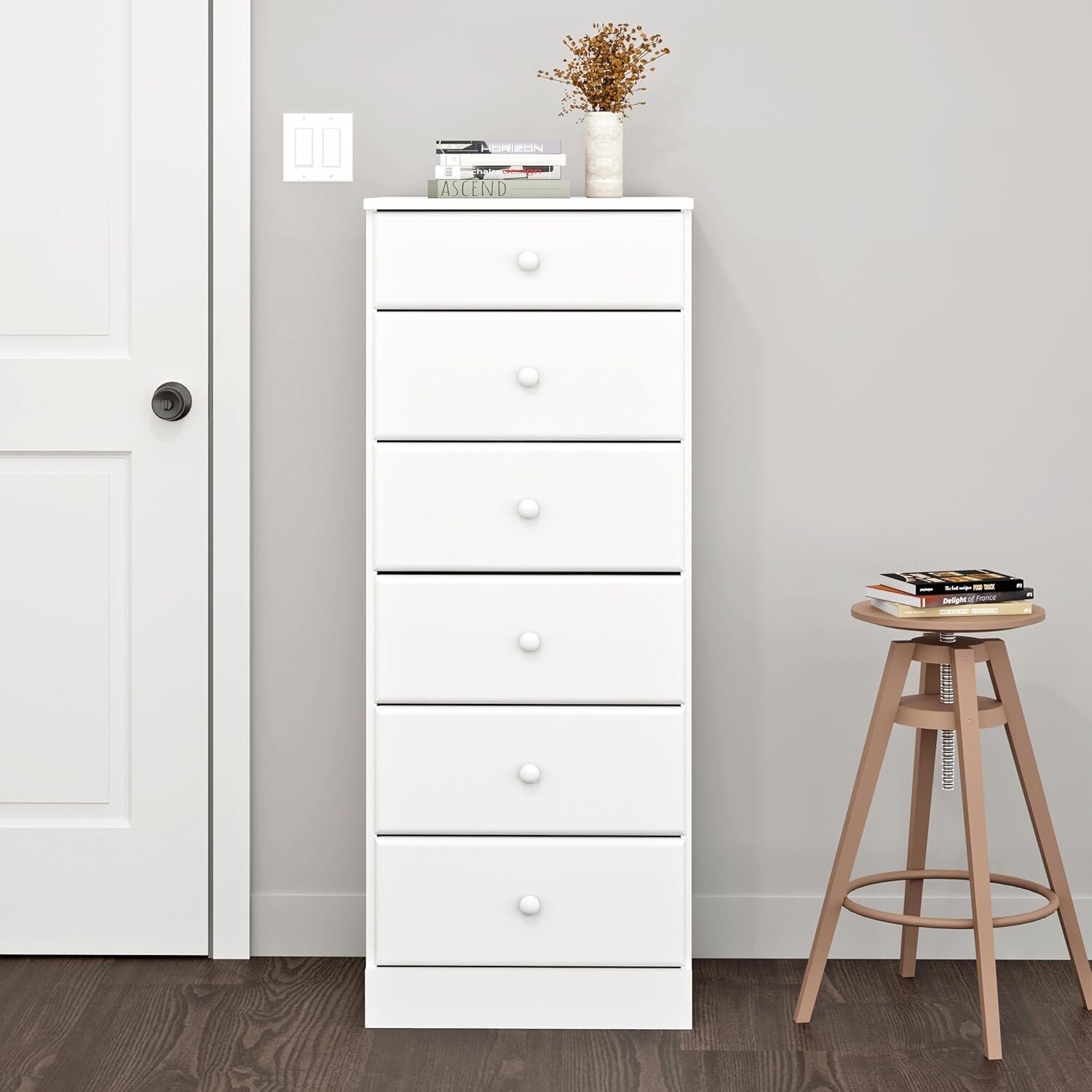 Sleek 6-Drawer White Dresser: Durable Tall Chest Perfect for Organized Bedrooms