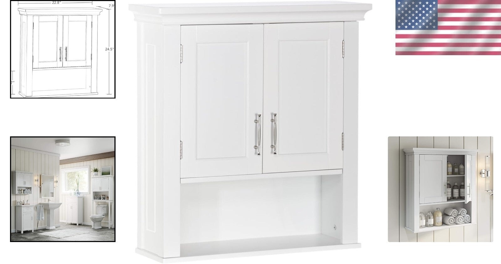Stylish Wall Mount Storage Cabinet with Open Shelf for Toiletries - White Finish