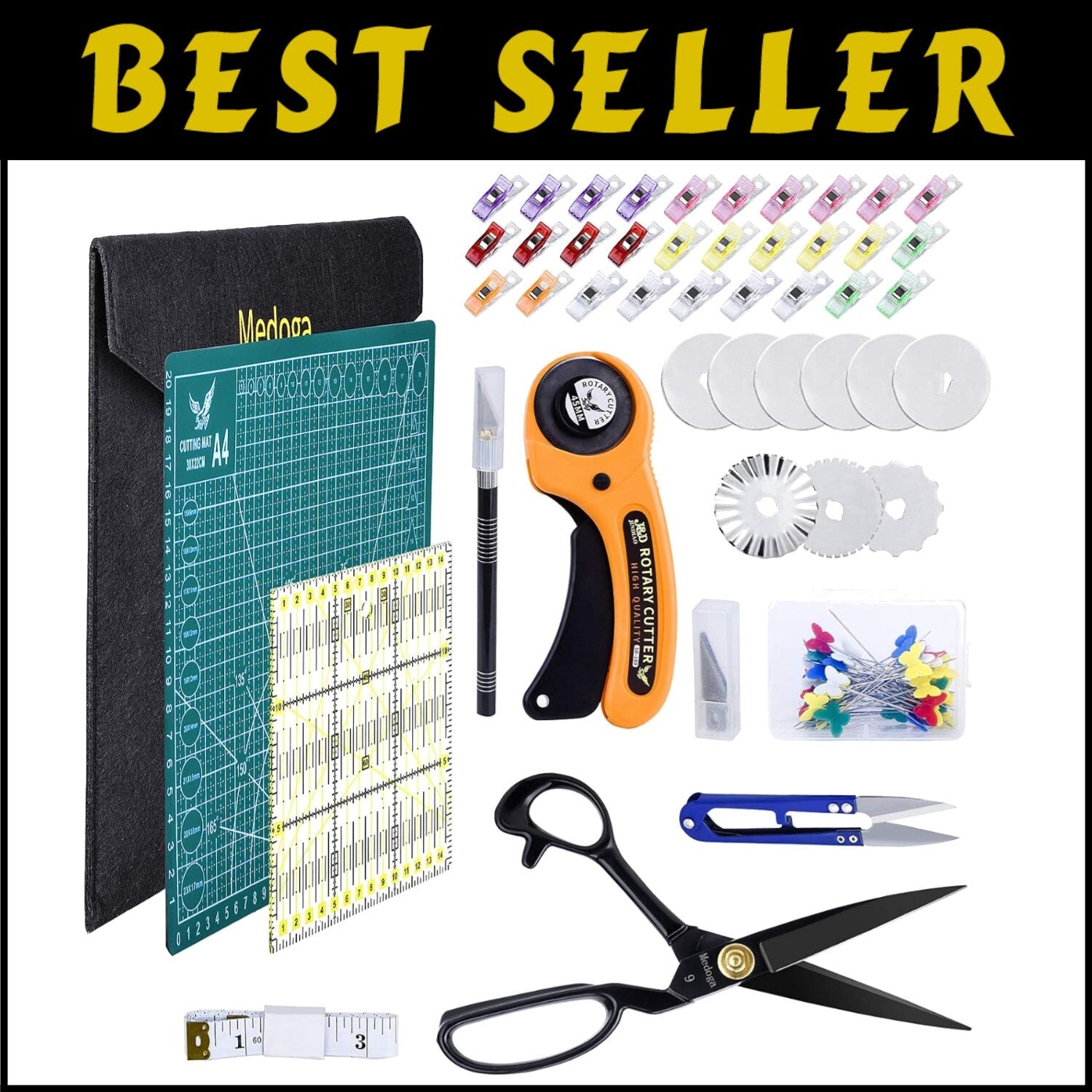 Sewing & Quilting Essential Kit: 104-Piece Rotary Cutter with Ruler & Clips