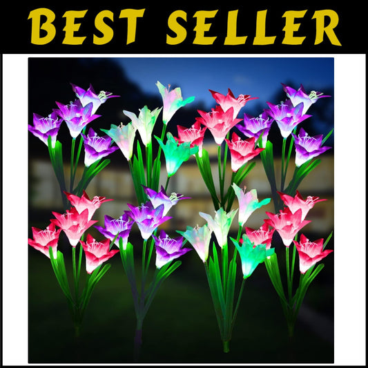 Solar Garden Lights Set with 8 Larger Lily Flowers - Waterproof & Color Changing