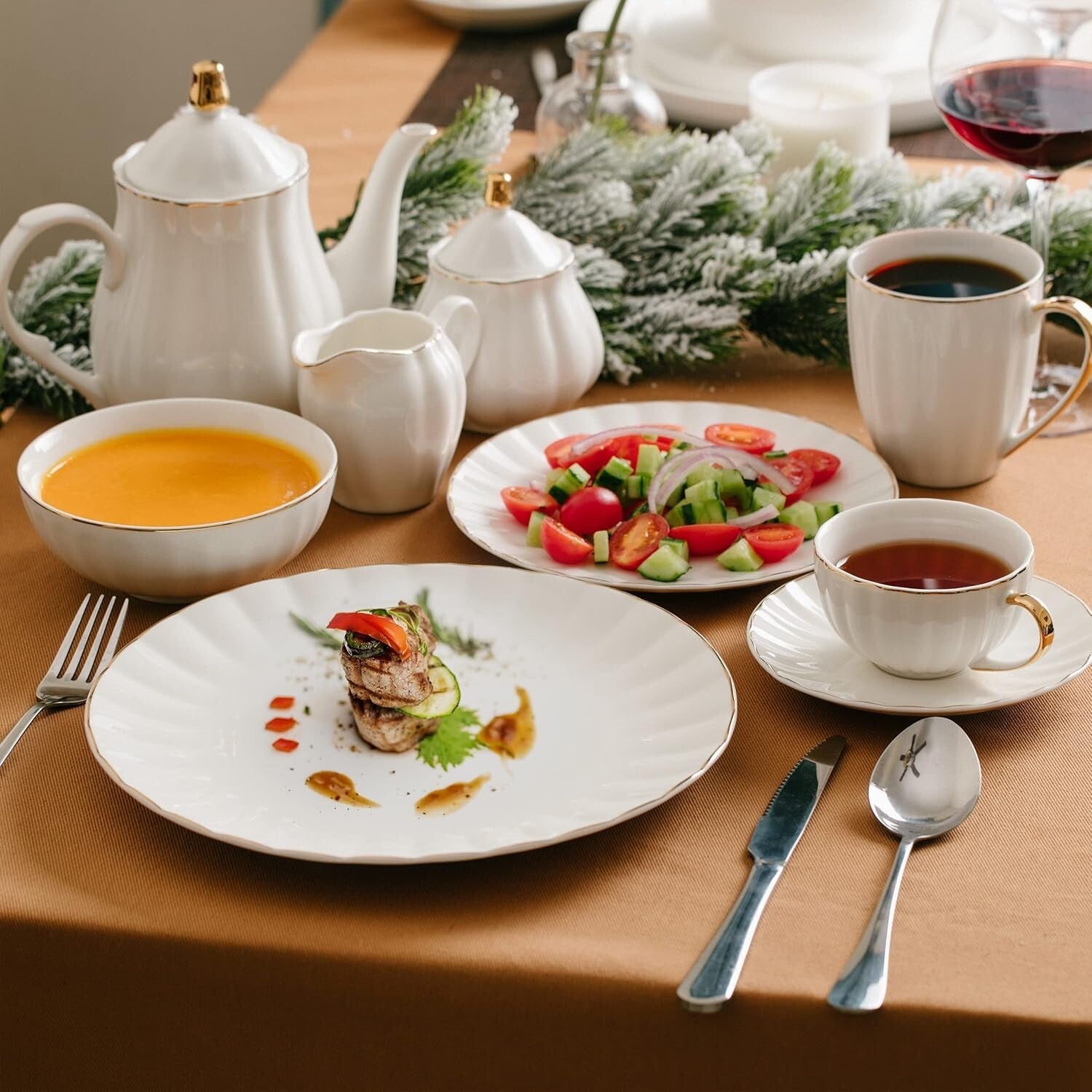 Luxurious 7 oz White Tea Cups and Saucers Set with Golden Trim - Gift Ready!