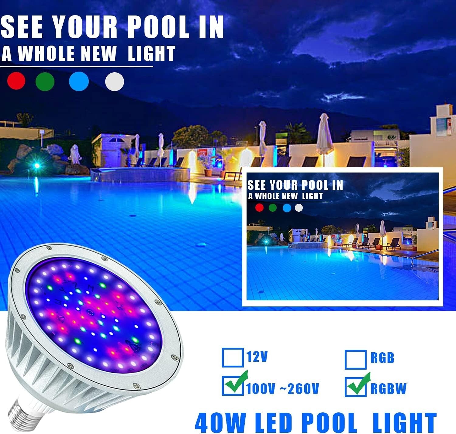 Durable Waterproof 40W 120V RGBW LED Pool Light for Stunning Underwater Effects