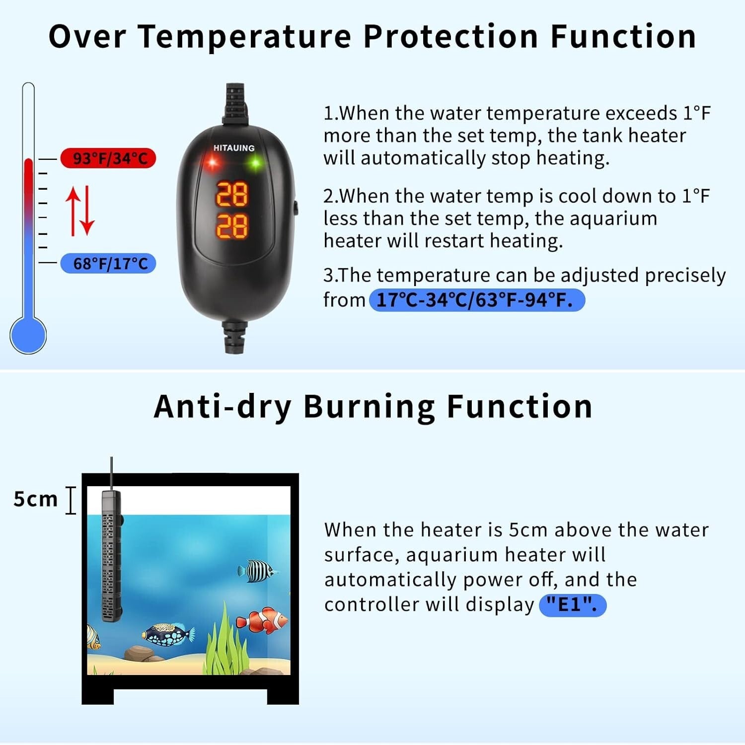 300W Submersible Aquarium Heater with Intelligent Temp Control & Safety Features