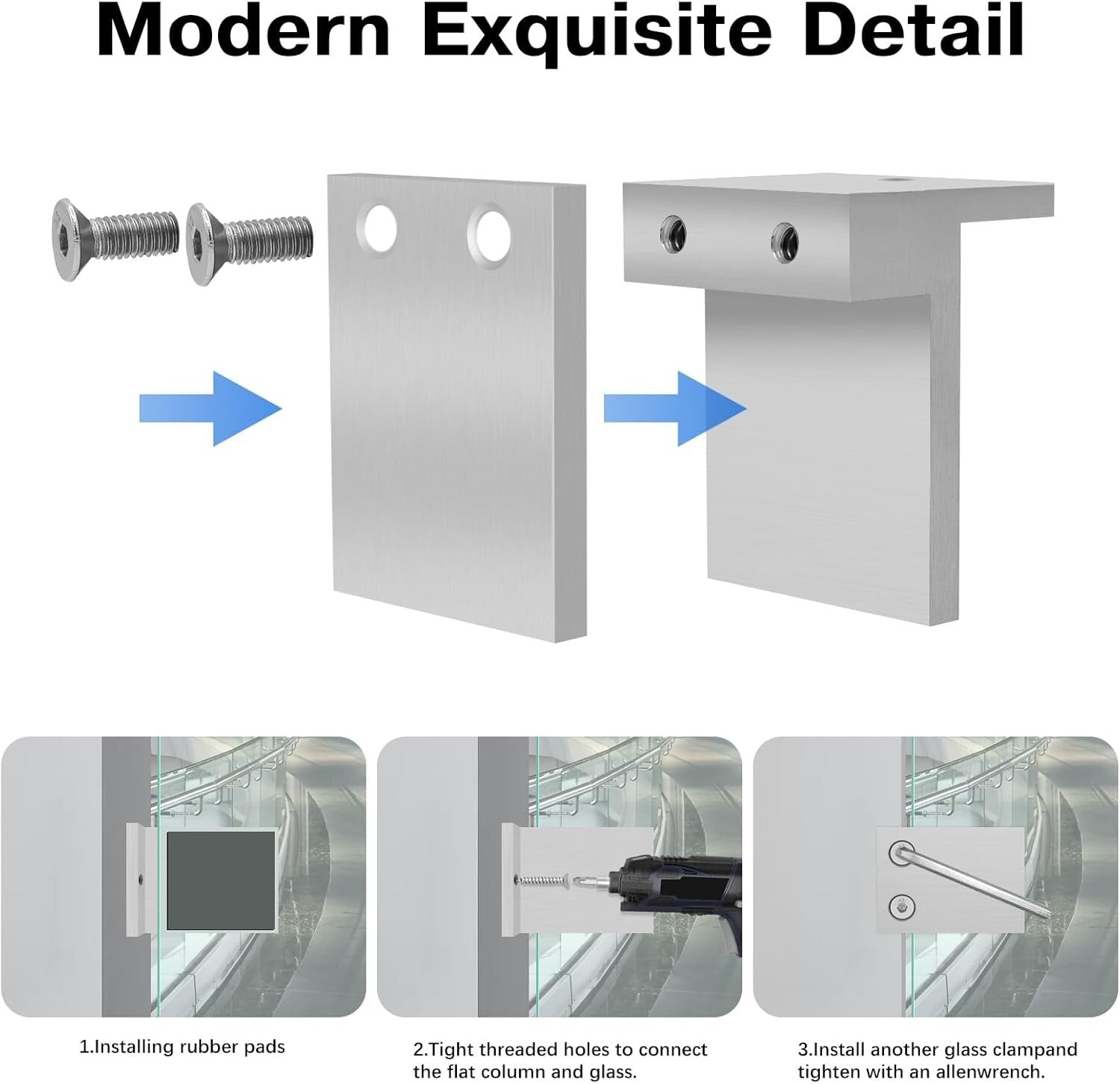 Modern Glass Railing Clamp - Stainless Steel 304 Clips with Rubber Pads, 4 Pack