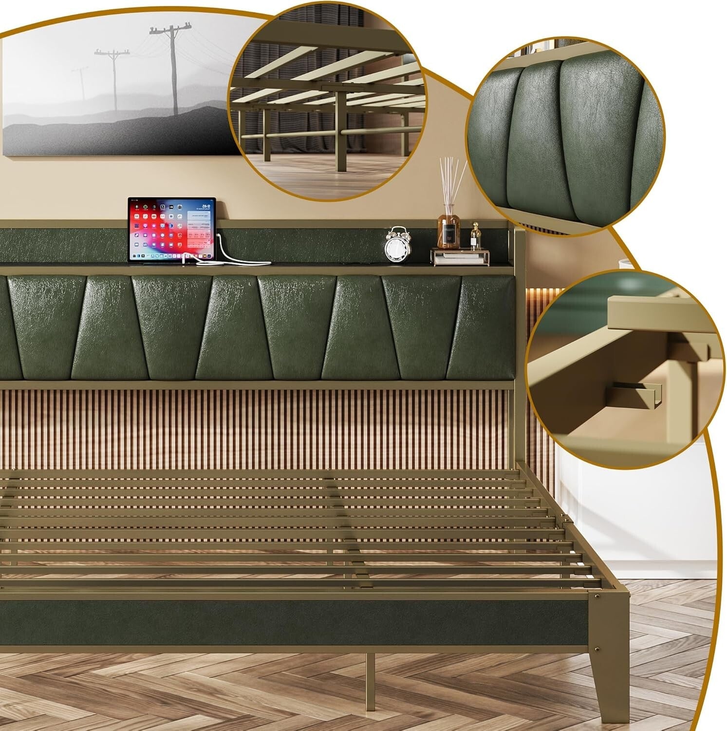 Elegant Dark Green California King Platform Bed with Convenient Charging Station