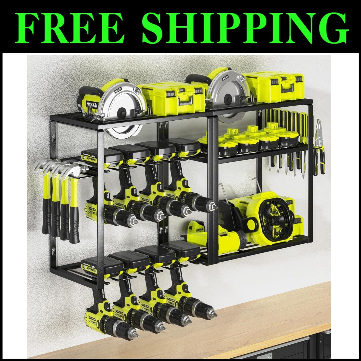 8 Drill Holder Garage Tool Rack - 6-Layer Carbon Steel Storage Shelf for Tools