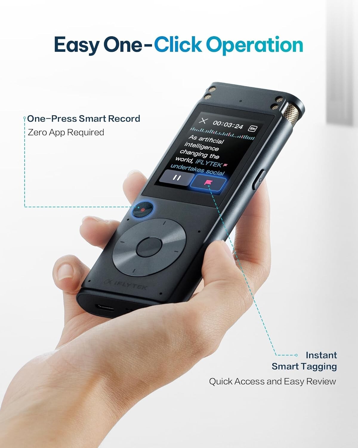 AI Voice Recorder with 5-Language Transcription & Noise Reduction - Compact Size