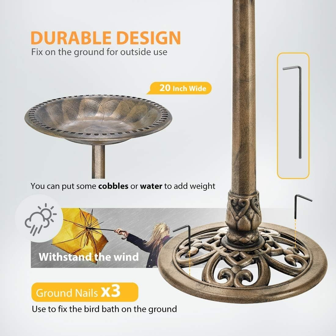 Attractive 28'' Copper Bird Bath for Birds and Butterflies - Easy Assembly