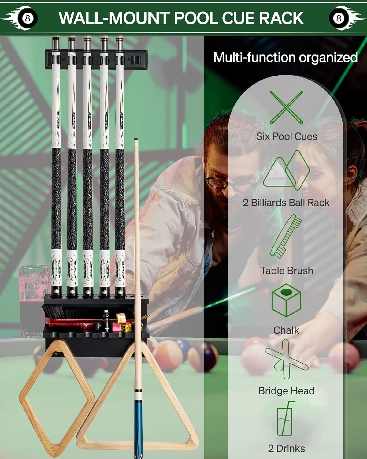 Classic Oak Pool Cue Storage Rack - Holds 6 Cues & Billiard Accessories