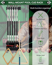 Load image into Gallery viewer, Classic Oak Pool Cue Storage Rack - Holds 6 Cues &amp; Billiard Accessories